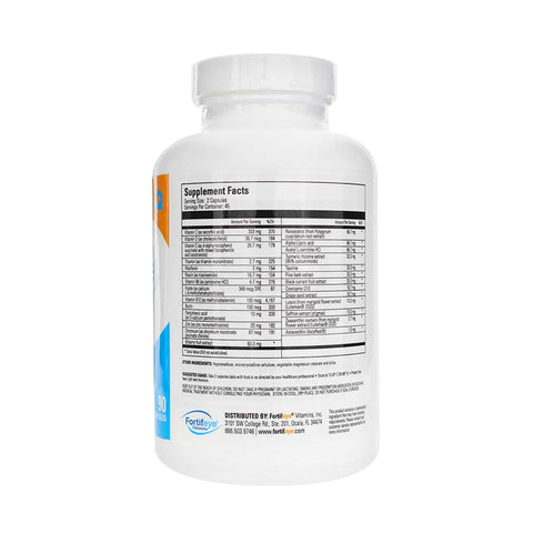 The Fortifeye Next Gen Complete (90ct - 3 Month Supply) by Fortifeye features a white-capped bottle with a detailed Supplement Facts label, emphasizing the nutritional info for total body wellness and eye health, and includes company contact details.
