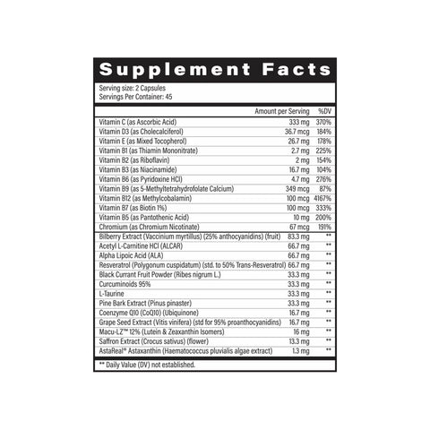 Fortifeye Next Gen Complete (90ct - 3 Month Supply) by Fortifeye has a comprehensive label featuring crucial ingredients such as Vitamin C, B vitamins, and CoQ10. Its crafted for full body wellness and eye health support with bilberry extract and chromium. The serving size is 2 capsules.