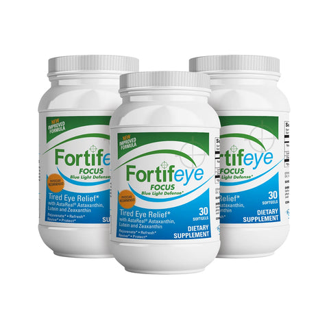 Three Fortifeye Focus Eye Supplement bottles, each with 30 softgels enriched with triple carotenoids. The label features green and blue tones highlighting Tired Eye Relief and Blue Light Protection. Bottles are creatively arranged in a triangular display.
