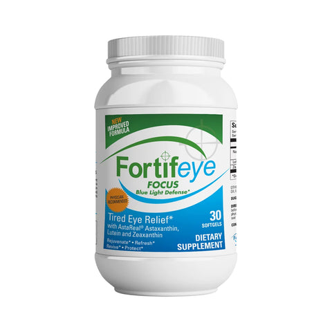 The Fortifeye Focus dietary supplement by Fortifeye comes in a white bottle with a blue and green label, offering 30 softgels that relieve tired eyes. They contain carotenoids like Astareal Astaxanthin, Lutein, and Zeaxanthin for blue light protection and optimal eye health with an improved formula.