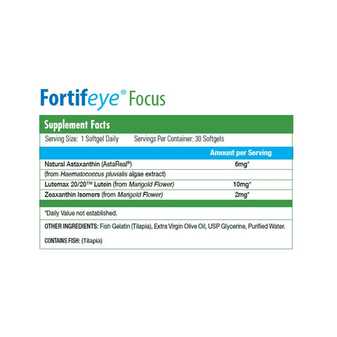 The Fortifeye Focus Eye Supplement (Triple Carotenoid) features a supplement facts label offering eye fatigue relief and blue light protection. It lists Natural Astaxanthin 6mg, Lutein 10mg, Zeaxanthin Isomers 2mg, with fish gelatin and olive oil. Contains tilapia. Serving size: 1 softgel daily.