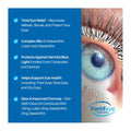 Close-up of a blue eye with benefits for Fortifeye Focus Eye Supplement - Triple Carotenoid (3x Bottles of 30) on the left, highlighting relief from eye fatigue, enhanced blue light protection, and enriched carotenoids.