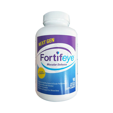 The Fortifeye Next Gen Macular Defense Eye and Whole Body Support, a white bottle with a purple and blue label stating NEXT GEN and 90 CAPSULES, is designed to enhance eye health, vision, and ocular performance with potent antioxidants.