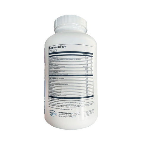 A white plastic bottle of Fortifeye Next Gen Macular Defense Eye and Whole Body Support features a detailed supplement facts label with vital eye health info, a barcode, distributor details, and promotes Macular Defense antioxidants, topped with a white screw cap.