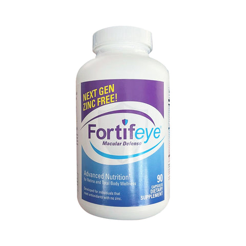 The Fortifeye Next Gen Macular Defense Eye ZINC FREE and Whole Body Support is a dietary supplement with a white bottle and purple label. It features advanced nutritional support with 90 capsules for eye and total body wellness, designed as a three-month supply.