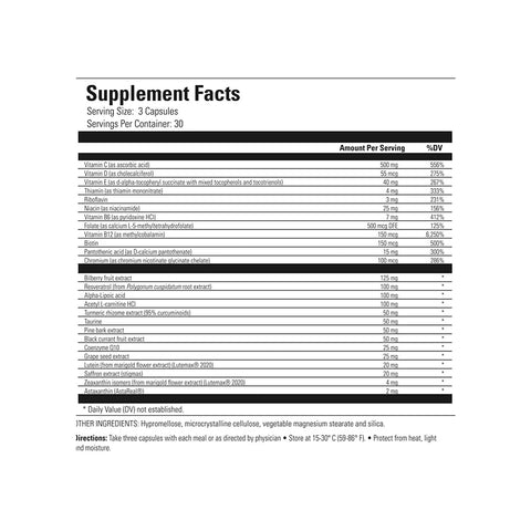 The Fortifeye Next Gen Macular Defense Eye ZINC FREE (90ct - 3 Month Supply) includes vitamins, minerals, and botanical extracts on its supplement facts label. Each components amount per serving and % Daily Values are listed, offering advanced nutritional support for eye health.