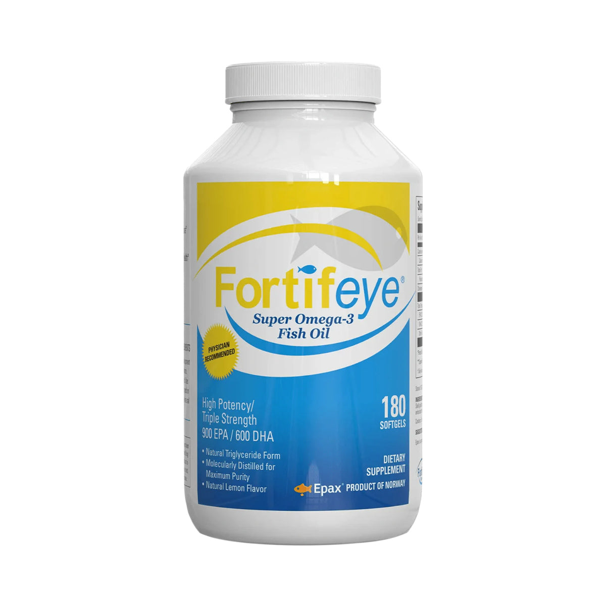 Fortifeye Super Omega-3 Fish Oil (180ct 3 Month Supply) by Fortifeye offers high potency with 900 EPA/600 DHA in natural triglyceride form. It features molecular distillation for purity, natural lemon flavor, and is proudly a product of Norway.