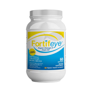 A 60-count bottle of Fortifeye Super Omega-3 Fish Oil, made in Norway by Epax, offers pharmaceutical-grade triple-strength softgels. Each softgel contains 900 EPA and 600 DHA in a natural triglyceride form with a natural lemon flavor for heart health.