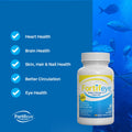 Image of a Fortifeye Super Omega-3 Fish Oil Omegas bottle on a blue background with fish. This supplement supports heart, brain, skin, hair, nail health, circulation, and eye care. Fortifeye logo at the bottom.
