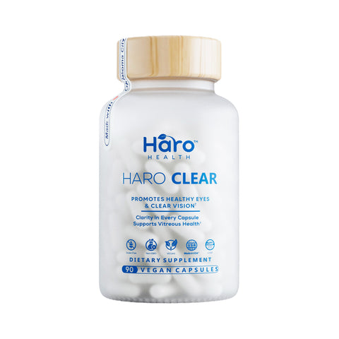 A white bottle of Haro Healths Haro Clear Eye Floaters and Vitreous Health Formula is shown, containing 90 vegan capsules. It promotes eye health with AREDS 2 nutrients for clear vision, and several benefit icons appear at the bottom of the bottle.