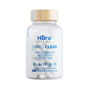 A white bottle of Haro Healths Haro Clear Eye Floaters and Vitreous Health Formula is shown, containing 90 vegan capsules. It promotes eye health with AREDS 2 nutrients for clear vision, and several benefit icons appear at the bottom of the bottle.