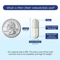 Comparison of the Haro Health Clear Eye Floaters and Vitreous Health Formula capsule with a US quarter reveals dimensions of 23.4 mm length and 8.15 mm width. It offers visual clarity, AREDS 2 nutrients for eye health, vegan composition, is easy to swallow or mix with drinks, and has a #00 capsule size.