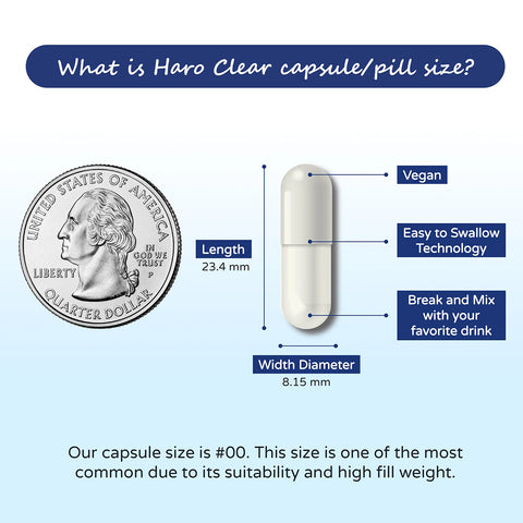 Comparison of the Haro Health Clear Eye Floaters and Vitreous Health Formula capsule with a US quarter reveals dimensions of 23.4 mm length and 8.15 mm width. It offers visual clarity, AREDS 2 nutrients for eye health, vegan composition, is easy to swallow or mix with drinks, and has a #00 capsule size.
