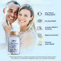 A smiling couple embraces on a blue background. To their right, a bottle of Haro Clear Eye Floaters and Vitreous Health Formula (90ct) by Haro Health shows benefits: reducing spots, eye relief, enhanced clarity with AREDS 2 nutrients, immune balance, and heart health support. Small print below.