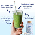 A hand holds a green smoothie in a glass with a striped straw. Arrows highlight: Mix with your Favorite Drink, Implement into your Routine, Easy to Break Capsules, Tastes Great! Nearby is Haro Healths Haro Clear Eye Floaters and Vitreous Health Formula (90ct), rich in AREDS 2 nutrients for eye health.