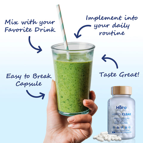 A hand holds a green smoothie in a glass with a striped straw. Arrows highlight: Mix with your Favorite Drink, Implement into your Routine, Easy to Break Capsules, Tastes Great! Nearby is Haro Healths Haro Clear Eye Floaters and Vitreous Health Formula (90ct), rich in AREDS 2 nutrients for eye health.