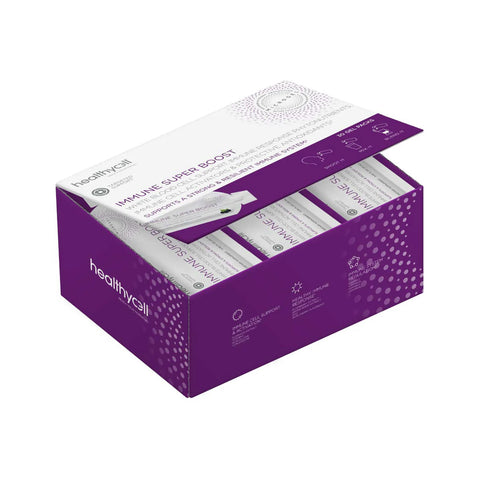 A partially opened purple HealthyCell box contains multiple sachets of Immune Support Boost Gel Packs, featuring white and silver accents with product information and symbols highlighting immune system benefits, including Elderberry.