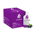 The HealthyCell Immune Support Boost Gel Packs, featuring a purple box and sachet, offer a tasty blackberry-elderberry flavor. With a white logo, the package includes blackberries near the sachet, crafted to enhance your immune system.