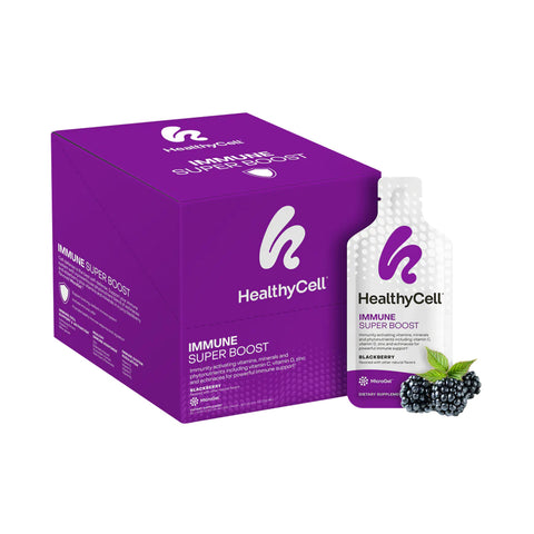 The HealthyCell Immune Support Boost Gel Packs, featuring a purple box and sachet, offer a tasty blackberry-elderberry flavor. With a white logo, the package includes blackberries near the sachet, crafted to enhance your immune system.