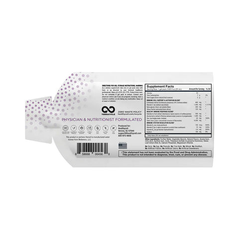 The top left of the HealthyCell Immune Support Boost Gel Packs shows a white package with purple dots, stating Physician & Nutritionist Formulated in bold. With Elderberry for immune support, it includes Supplement Facts, directions, and recycling symbols. The brand name and provider are clearly visible.