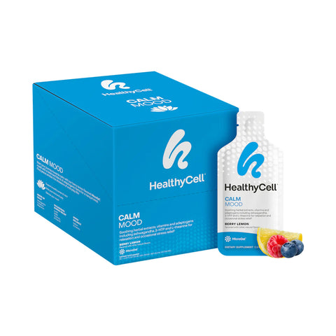A blue box labeled HealthyCell Calm Mood for Relaxation and Stress Support (30ct) displays Berry Lemon flavors with blueberries, raspberries, and a lemon slice. The white pouch emphasizes L-theanine and microgel technology with a wavy icon to promote relaxation.