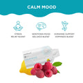 The HealthyCell Calm Mood for Relaxation and Stress Support (30ct) package features raspberries, lemon, and L-theanine. Icons show Stress Relief, Serotonin Mood Balance, and Dopamine Support. The soothing backdrop combines white and teal.