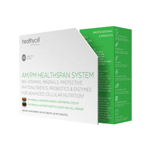 The HealthyCell AM PM Healthspan Vitamins, from the brand HealthyCell, feature over 90 vitamins and nutrients in distinct AM and PM formulas for enhanced cellular nutrition, all in a sleek white and green box.