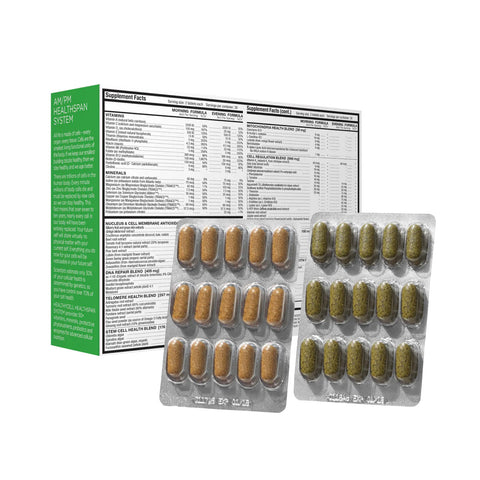 The HealthyCell AM PM Healthspan Vitamins (30-day supply) features the advanced HealthyCell Pro formula for cell health, with visible nutritional facts on the box. Inside are two blister packs with brown and green capsules.