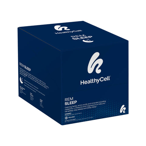 A blue box of HealthyCell REM Sleep Supplement and Sleep Aid (30 Gel Packs) showcases its calming blend of herbs, amino acids, and minerals, highlighting relaxation, deep REM sleep, and improved daily sleep efficiency. The packaging features branding details for optimal sleep support.