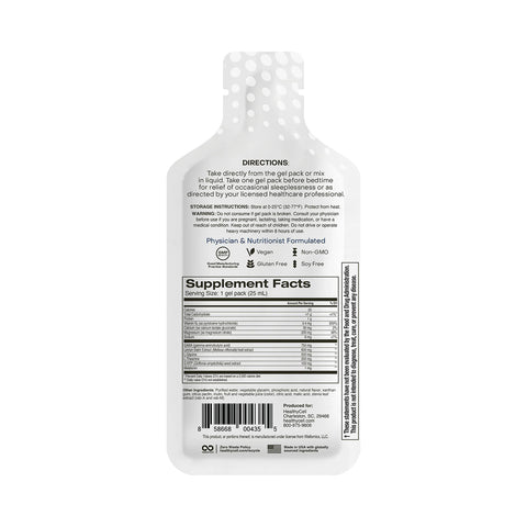 The back of the HealthyCell REM Sleep Supplement gel pack shows directions, storage instructions, supplement facts, and symbols for vegan, non-GMO, gluten-free, and soy-free. The white packaging with black text promotes improved sleep cycles for rejuvenating REM sleep.