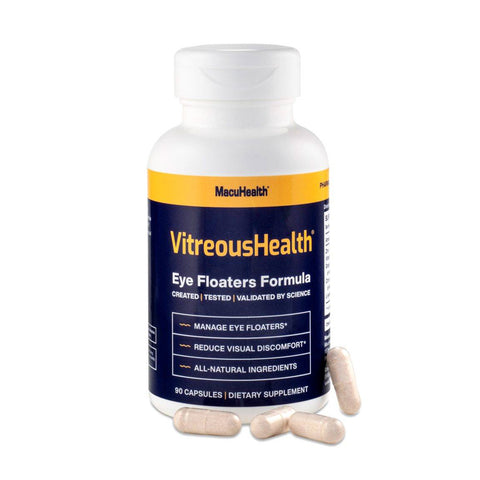 A bottle of VitreousHealth by MacuHealth - Eye Floaters Formula contains 90 capsules for managing eye floaters and reducing discomfort. It uses all-natural ingredients to combat oxidative stress related to vitreous health, with several capsules scattered in front of the bottle.