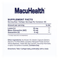 An image of the MacuHealth 2-pack Triple Carotenoid Formula supplement facts label shows eye vitamins: 10 mg Lutein, 10 mg Meso-Zeaxanthin, and 2 mg Zeaxanthin per softgel. It includes oils, gelatin with soy, usage instructions, and container size (180 softgels for a 6-month supply).