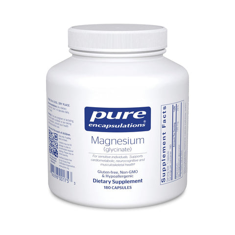 Pure Encapsulations Magnesium (Glycinate) 180ct is a white bottle of dietary supplements labeled gluten-free, non-GMO, and hypoallergenic. It promotes neuromuscular balance and features supplement facts with a QR code on the side.