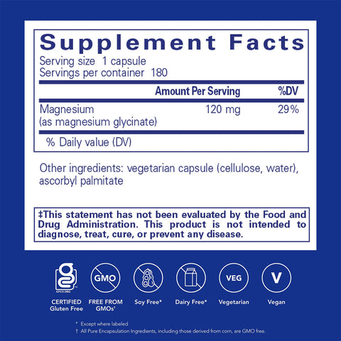 The Pure Encapsulations Magnesium Glycinate (180ct) supplement includes a vegetarian capsule with 120 mg of Magnesium Glycinate per serving, offering 29% daily value for neuromuscular support. It contains cellulose and water, and emphasizes certifications and disclaimers on its label.