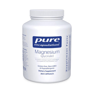 Pure Encapsulations Magnesium (Glycinate) 360ct comes in a white bottle, is gluten-free, non-GMO, and hypoallergenic. It supports cardio, neuro, and musculoskeletal health while aiding in overall eye health to alleviate dry eye symptoms.