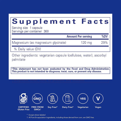 Pure Encapsulations Magnesium (Glycinate) 360ct offers 360 servings, each with one capsule providing 120 mg of magnesium (29% DV) to support eye health and relieve dry eyes. Ingredients include a vegetarian capsule of cellulose, water, and ascorbyl palmitate. Gluten-free, GMO-free, soy-free, dairy-free, vegetarian, vegan.