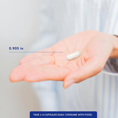 A hand holds a 0.905-inch white capsule. The label suggests taking 1-4 capsules daily with food for optimal eye health, especially helpful for dry eyes. Pure Encapsulations Magnesium (Glycinate) offers a 360-count, lasting 4-12 months.