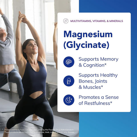 In a bright room, a woman gracefully holds a yoga pose, arms extended overhead. A caption highlights the benefits of Pure Encapsulations Magnesium (Glycinate) 360ct: it supports memory, cognition, healthy bones and joints while aiding eye health and promoting restfulness.