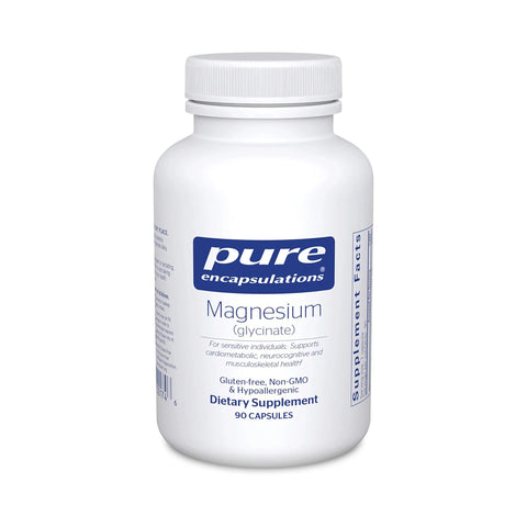 White Pure Encapsulations bottle labeled Magnesium (Glycinate) 90ct (1-3 month supply), featuring support for cardiovascular, neurocognitive, and musculoskeletal health. Gluten-free, non-GMO, hypoallergenic supplement designed for sensitive individuals to enhance magnesium glycinate benefits.