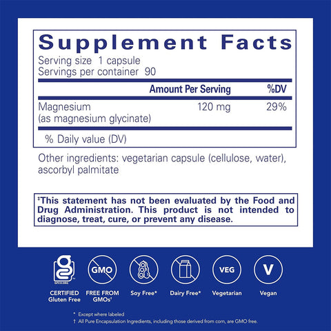 Pure Encapsulations Magnesium (Glycinate) offers 120 mg of magnesium per serving (29% DV) in vegetarian capsules. Certified gluten-free, soy-free, GMO-free, dairy-free, and vegan, it supports cardiovascular health. Includes FDA disclaimer.