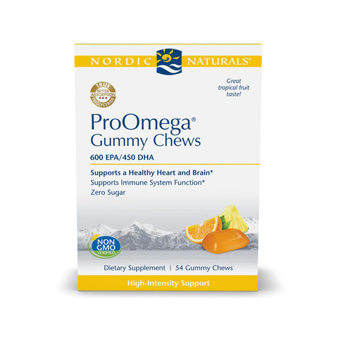 Nordic Naturals ProOmega Gummy Chews, No Sugar, 54 Pack offers tropical fruit taste with 600 EPA/450 DHA to support heart and brain health. These gummies are non-GMO verified and feature a true triglyceride form.