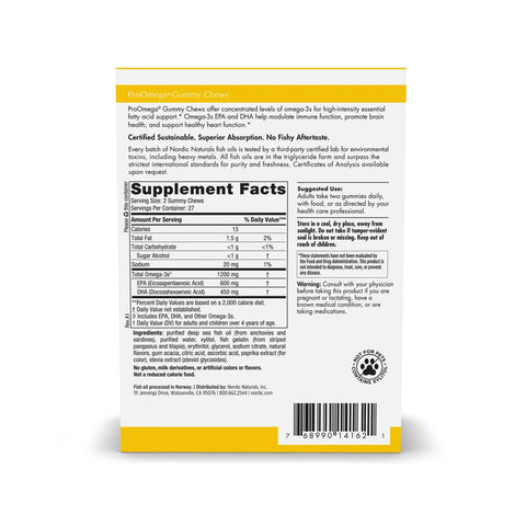 The image features a box of Nordic Naturals ProOmega Gummy Chews, No Sugar, 54 Pack. The back displays supplement facts, ingredients, dosage instructions, and sustainable sourcing certifications. Omega-3 benefits for brain and heart are highlighted on the white and yellow packaging.
