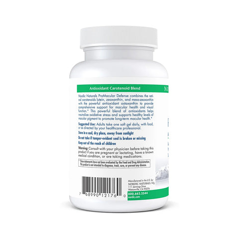 A white bottle of Nordic Naturals ProMacular Defense (90ct 3 Month Supply) displays a label with product details, barcode, and contact info. It emphasizes an Antioxidant Carotenoid Blend containing lutein for eye health alongside dosage, warnings, and storage instructions.