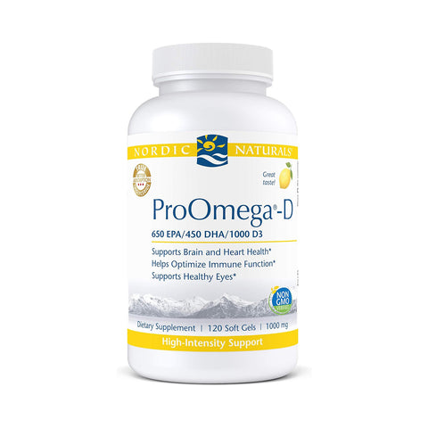 The Nordic Naturals ProOmega-D Lemon Flavor (120ct) offers 120 soft gels with Omega-3 for brain, heart, and eye health. With 650 EPA/450 DHA and non-GMO high-intensity Vitamin D3 support, these gels promote overall wellness.