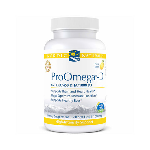 Nordic Naturals ProOmega-D Lemon Flavor (60ct) provides 60 soft gels with Vitamin D3 and Omega-3 for brain, heart, immune, and eye health. Each serving delivers 650 EPA, 450 DHA, and 1000 IU of D3 in a non-GMO formula promoting high-intensity wellness support.