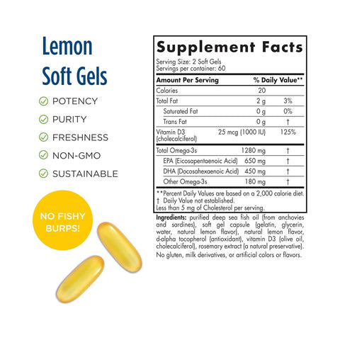 Nordic Naturals ProOmega-D Lemon Flavor (120ct) offers non-GMO lemon soft gels with Omega-3, focusing on potency, purity, and sustainability. Designed to improve eye health with No Fishy Burps! it includes supplement facts for 60 servings detailing ingredients.