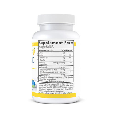 The Nordic Naturals ProOmega-D Lemon Flavor (60ct) bottle is white with Supplement Facts showcasing serving size, calories, total fat, Vitamin D3, Omega-3 details, and daily values for a 2,000-calorie diet. It includes a yellow lemon graphic and is ideal for those focusing on eye health.