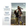 A family on a mountain, child on shoulders. Text: Superior Quality, Made with Integrity, and Product Transparency, reflect Nordic Naturals values. Promoting ProOmega® 2000-D, their high-potency Omega-3 with Vitamin D3 for eye & vision health (60ct). Sun logo at top right.