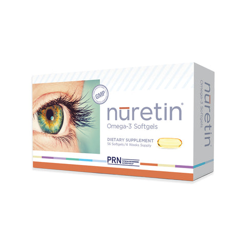 The PRN Nuretin box, with an eye image, promotes its DHA and EPA benefits as a high-dose omega-3 fish oil supplement for healthy retinal function. It reads Dietary Supplement and includes 56 softgels for a 1-month supply; a softgel is shown to highlight its omega-3 rich formula.