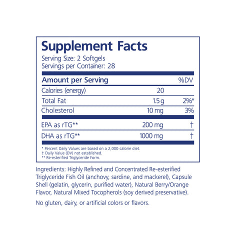 PRN Nuretin softgels, by PRN - Physician Recommended Nutriceuticals, feature omega-3 content with 200 mg EPA and 100 mg DHA from fish oil. The supplement facts highlight calories, total fat, and cholesterol. Ingredients include fish oil and natural mixed tocopherols. Free from gluten, dairy, or artificial colors/flavors.